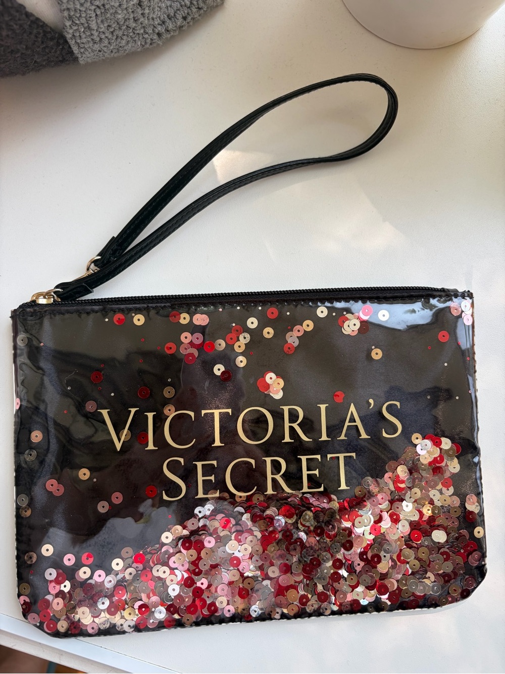 Victorias Secret Confetti Sequin Wristlet Pouch Y2K Bling Makeup Bag Clutch